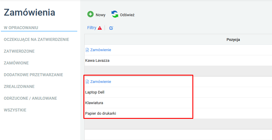 Widok na realizowane pozycje z modułu Zakupy.