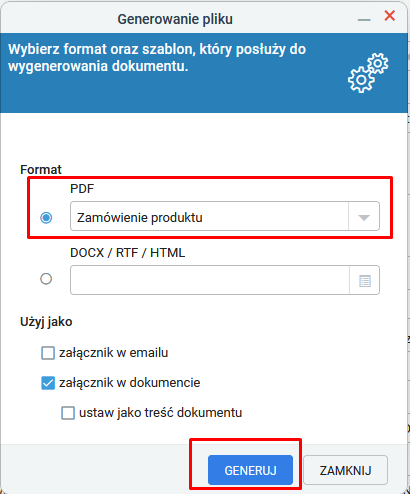 Generowanie zamówienia w formacie PDF.
