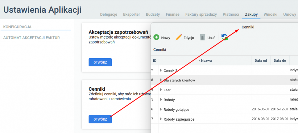 Ustawienia aplikacji Zakupów - przejście do panelu zarządzania cennikami.