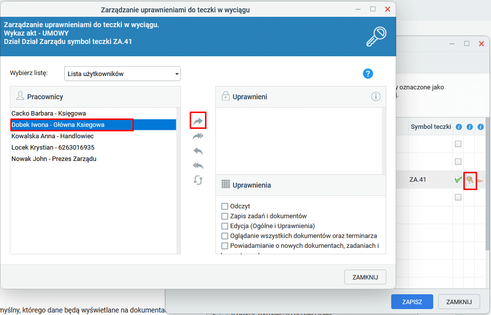 Zarządzanie uprawnieniami do teczki