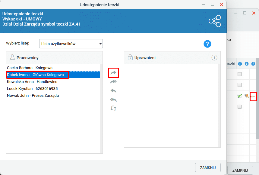 Udostępnienie teczki wybranym pracownikom