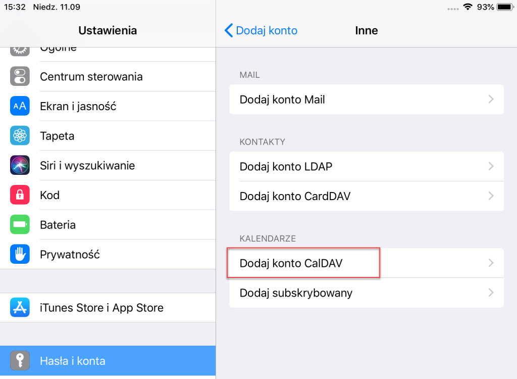 Konfiguracja protokołu CalDAV w systemie iOS - krok drugi
