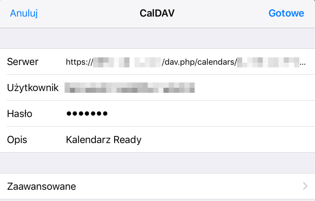 Konfiguracja protokołu CalDAV w systemie iOS - krok trzeci