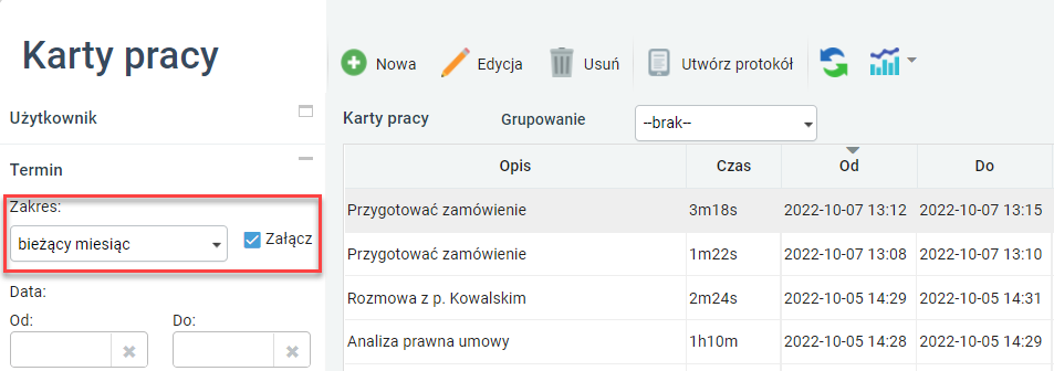 Filtrowanie karty RCP według terminu