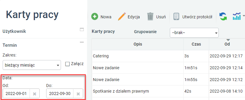 Filtrowanie karty RCP według daty